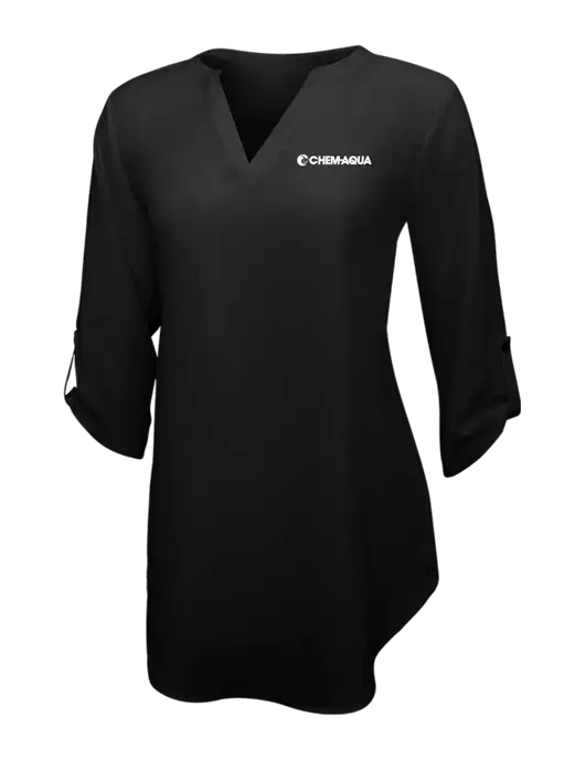 Womens Black 3/4 Sleeve Tunic Blouse w/Chem-Aqua Logo