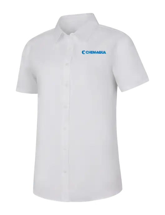 Womens White Short Sleeve Superpro React Twill Shirt w/Chem-Aqua Logo