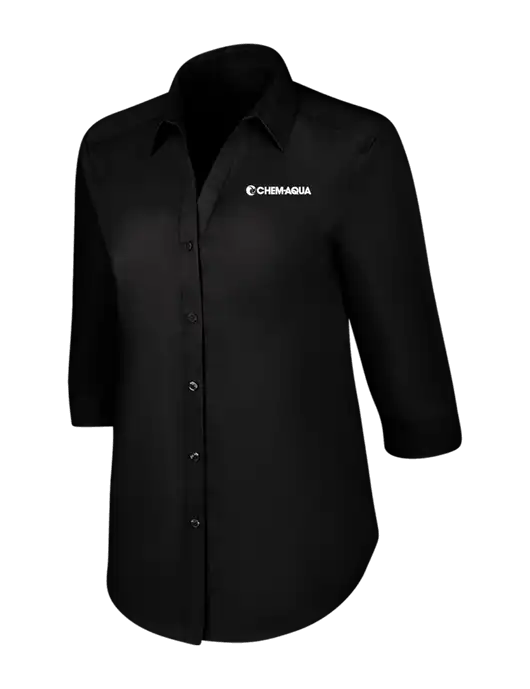 Womens Black 3/4 Sleeve Carefree Poplin Shirt w/Chem-Aqua Logo