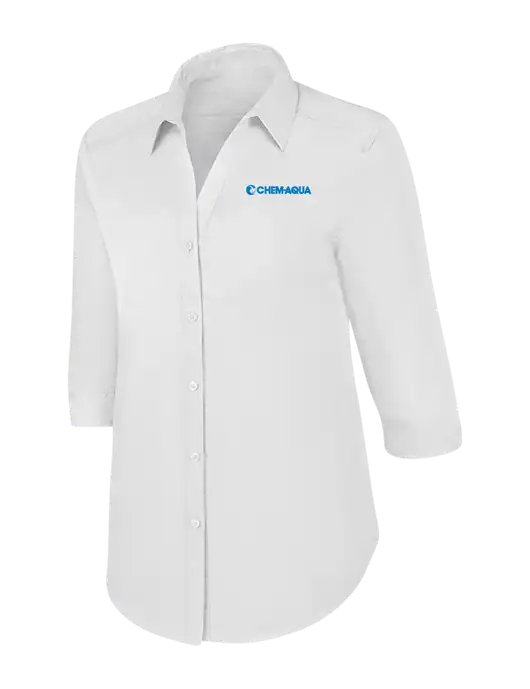 Womens White 3/4 Sleeve Carefree Poplin Shirt w/Chem-Aqua Logo
