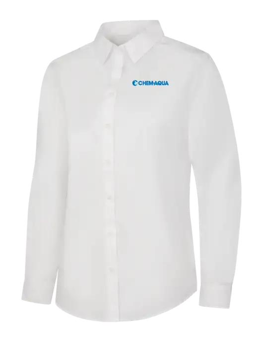 Womens White Long Sleeve Carefree Poplin Shirt w/Chem-Aqua Logo