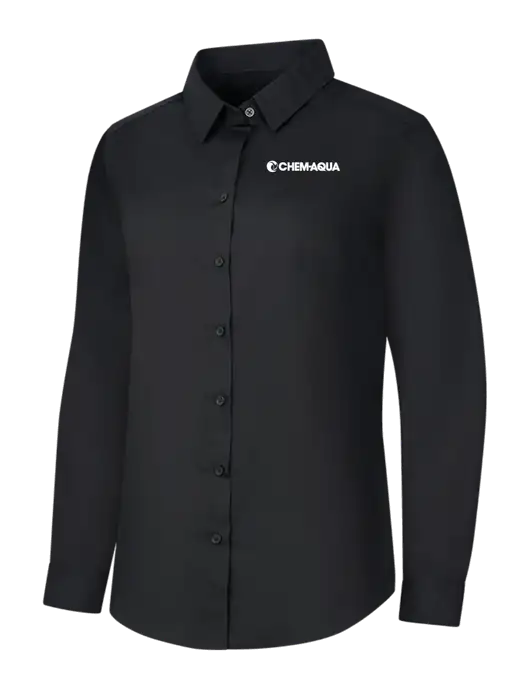 Womens Black Long Sleeve Carefree Poplin Shirt w/Chem-Aqua Logo