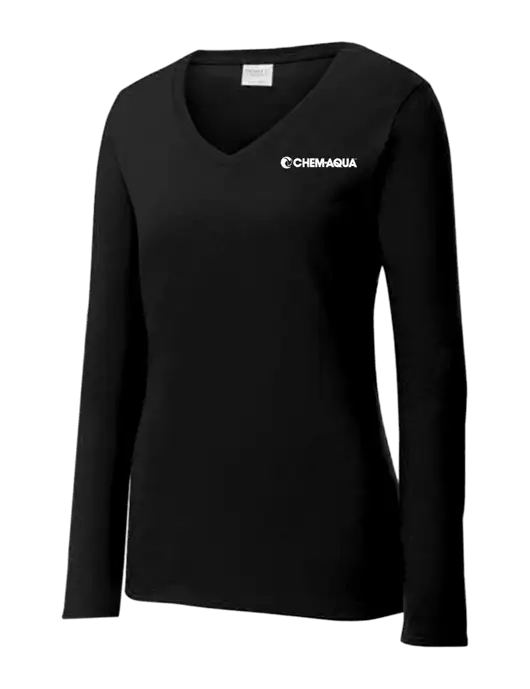 Womens V-Neck Ring Spun Jet Black 4.5 oz Long Sleeve T-Shirt w/Chem-Aqua Logo