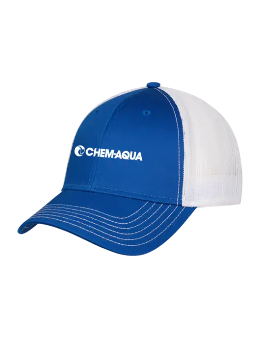 Royal & White Mesh Trucker Cap Snap Back w/Chem-Aqua Logo