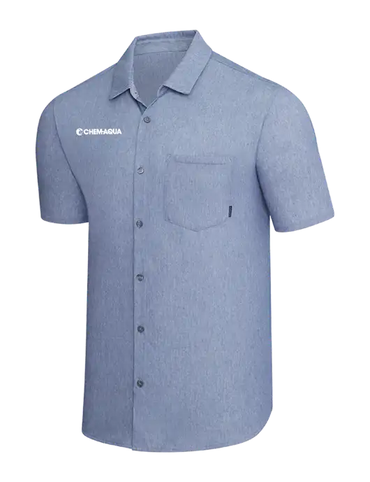OGIO Slate Blue Heather Extend Short Sleeve Button Up Shirt w/Chem-Aqua Logo
