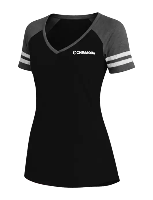 Womens Black/Charcoal Heather V-Neck Game Tee w/Chem-Aqua Logo