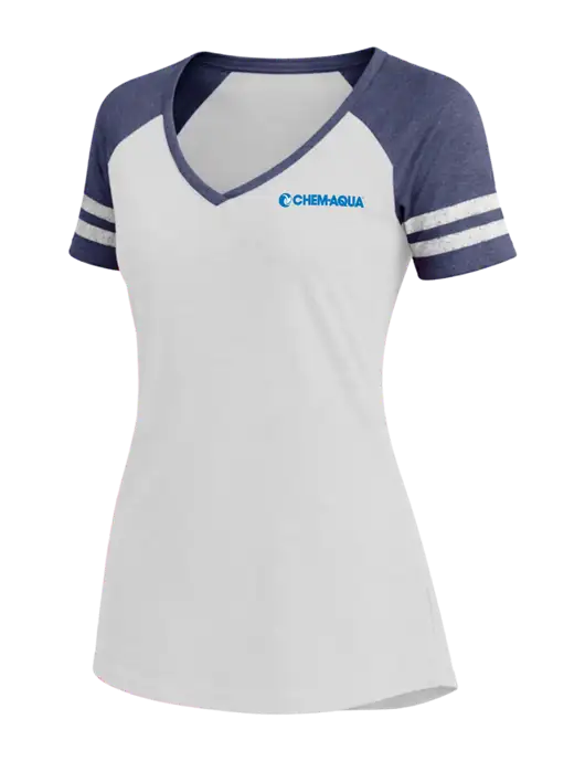 Womens White/Navy Heather V-Neck Game Tee w/Chem-Aqua Logo