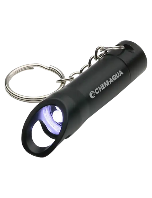 Black Pocket LED Flashlight with Bottle Opener & Keychain w/Chem-Aqua Logo
