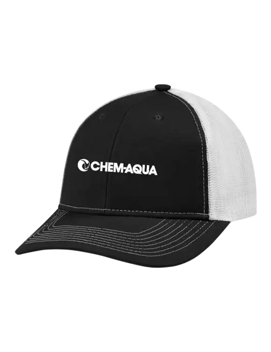 Snapback Ponytail Trucker Cap Black w/White Mesh w/Chem-Aqua Logo