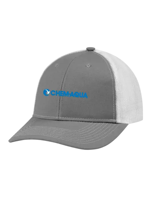 Snapback Ponytail Trucker Cap Light Medium Heather Grey w/White Mesh w/Chem-Aqua Logo