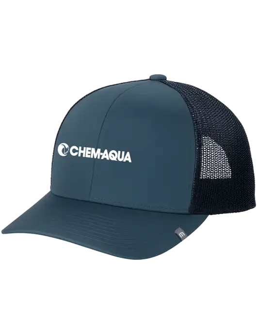TravisMathew Dark Slate Blue Cruz Trucker Cap w/Chem-Aqua Logo